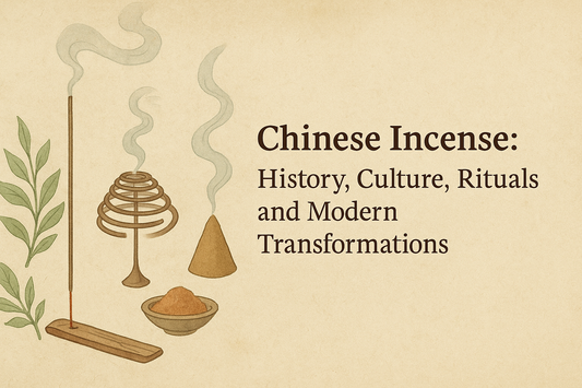 Traditional-style illustration showing the journey of Chinese incense — ancient burners, scrolls, and incense sticks blending history, culture, rituals, and modern transformations in an artistic composition.