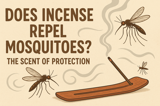 Banner illustration showing an incense stick burning in a wooden holder, with smoke swirling around and three mosquitoes nearby, alongside the text “Does Incense Repel Mosquitoes? The Scent of Protection.”