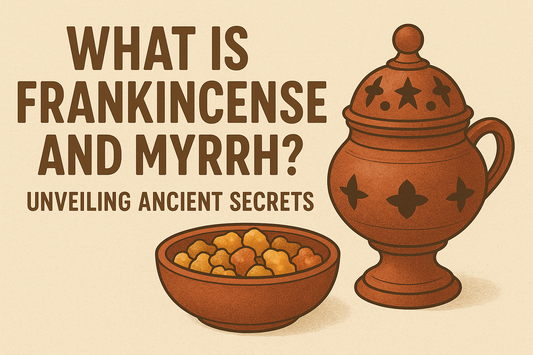 Banner with the title “What is Frankincense and Myrrh? Unveiling Ancient Secrets,” showing a resin-filled bowl and ornate clay incense burner on a parchment background.