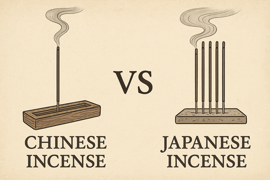 Traditional banner illustration comparing Chinese incense and Japanese incense, showcasing cultural differences, stick shapes, and burning styles in an elegant Zen-inspired layout.