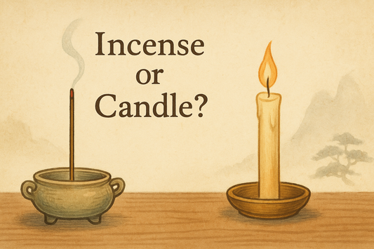 Vintage-style hand-drawn incense illustration with single stick, minimal smoke, and text 'Incense or Candle?' in elegant typography