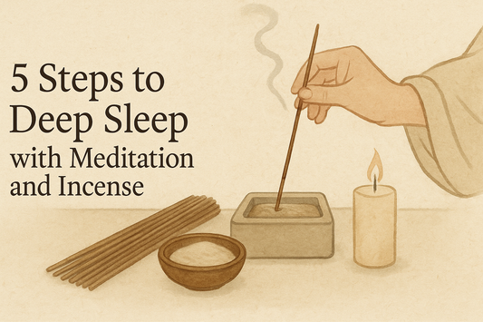 Watercolor-style Zen banner for '5 Steps to Deep Sleep with Meditation and Incense', showing a hand placing an incense stick into a square burner, with a candle, incense bundle, and bowl of incense powder on a textured background.
