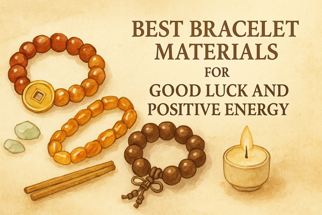 Watercolor-style banner featuring three types of lucky bracelets—a red bead bracelet with a gold coin charm, an amber bead bracelet, and a wooden bead bracelet with a carved knot—arranged with green stones and positive energy