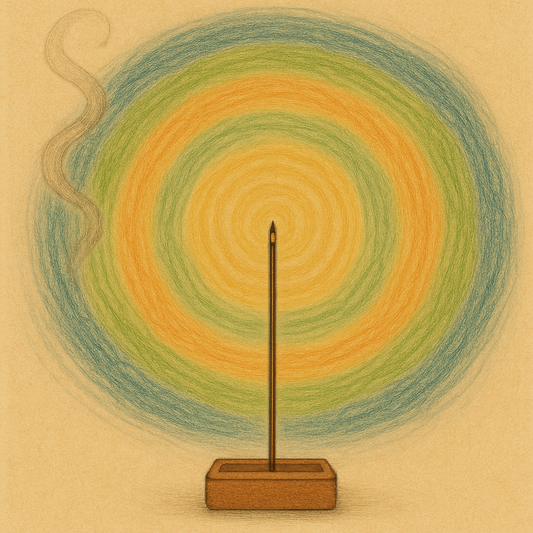 of a single burning incense stick placed upright in a simple wooden holder, centered against a textured beige background.