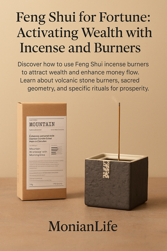 Monian volcanic stone incense burner with “MOUNTAIN” incense sticks, promoting Feng Shui wealth rituals.          Ask ChatGPT