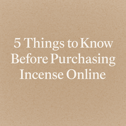 Banner with the text "5 Things to Know Before Purchasing Incense Online" in white serif font on a textured beige background resembling natural paper.