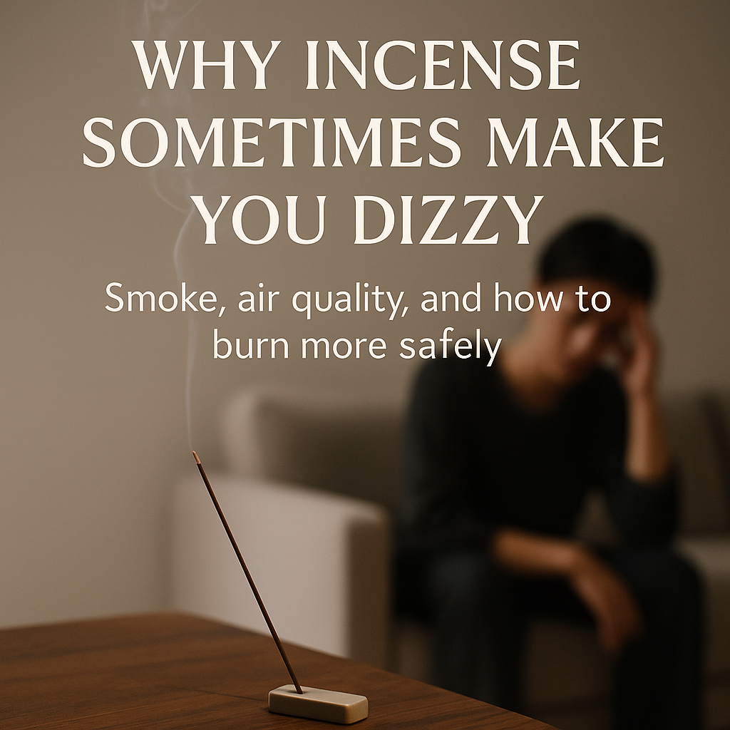 Minimal living room with an incense burner and a person gently touching their temple, suggesting dizziness from incense smoke.