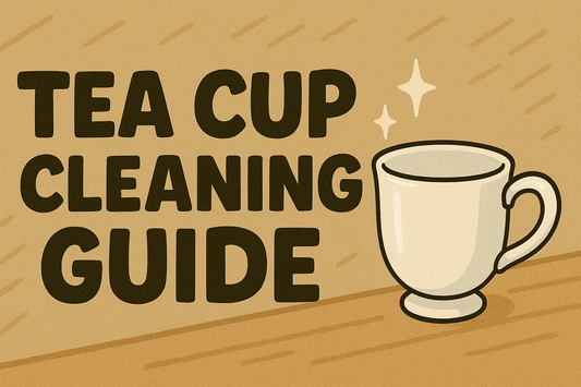 Cartoon-style banner showing the title “Tea Cup Cleaning Guide” beside a clean white porcelain tea cup with sparkles on a warm beige background.