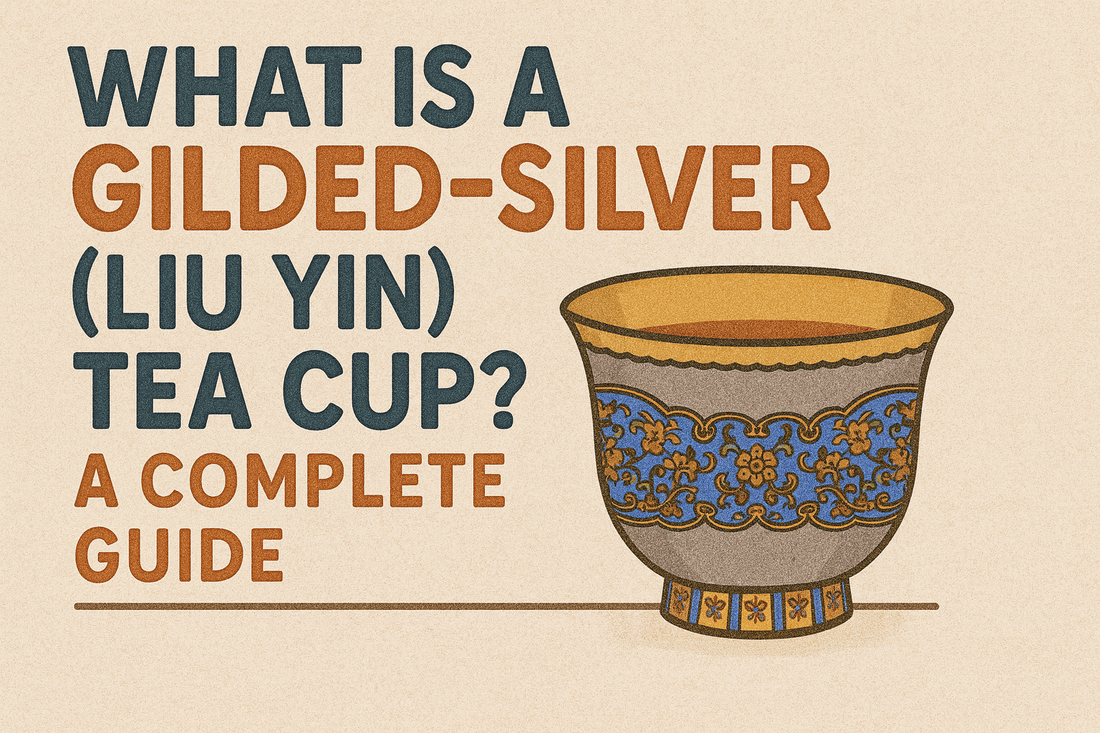 Tea cup with decorative patterns on a beige background, text about gilded-silver tea cups.