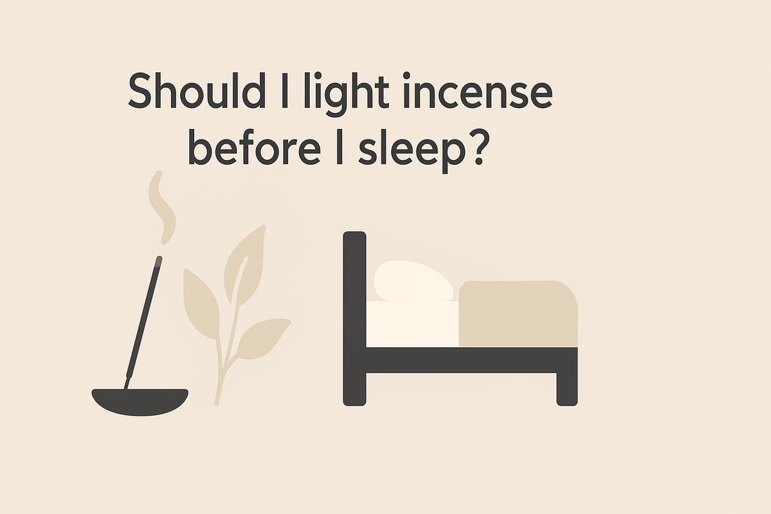 "Monian-style banner showing a serene bedroom with a burning incense stick by the bed, titled 'Should I Light Incense Before I Sleep?'"