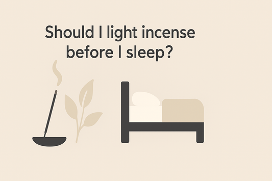 "Monian-style banner showing a serene bedroom with a burning incense stick by the bed, titled 'Should I Light Incense Before I Sleep?'"