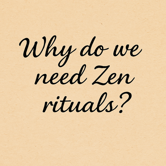 Minimalist Zen-inspired banner with soft earthy tones, featuring the question 'Why do we need Zen rituals?' in elegant calligraphy, symbolizing mindfulness, incense traditions, and daily meditation practices for inner calm.