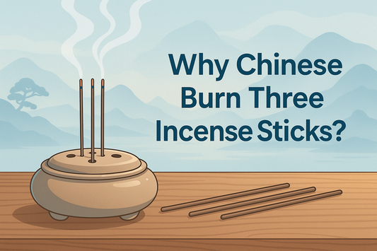 Chinese incense burner with three lit sticks and soft smoke rising, Zen mountain backdrop, text “Why Chinese Burn Three Incense Sticks?”.