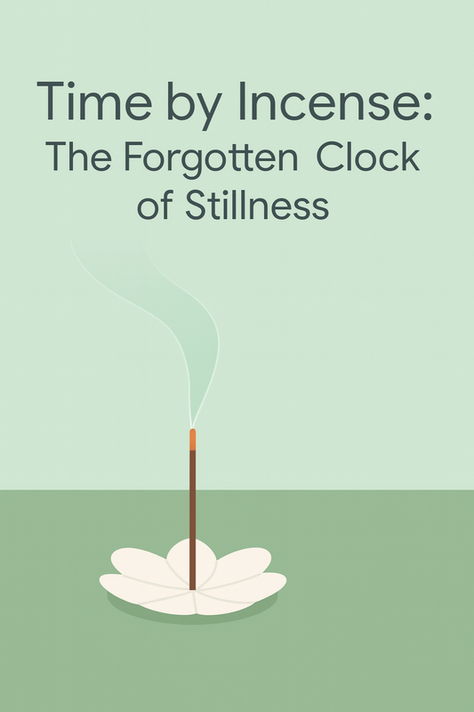 Minimalist Google-style illustration of a single incense stick burning in a modern holder, soft smoke rising upward, with overlay text “Time by Incense: The Forgotten Clock of Stillness”.