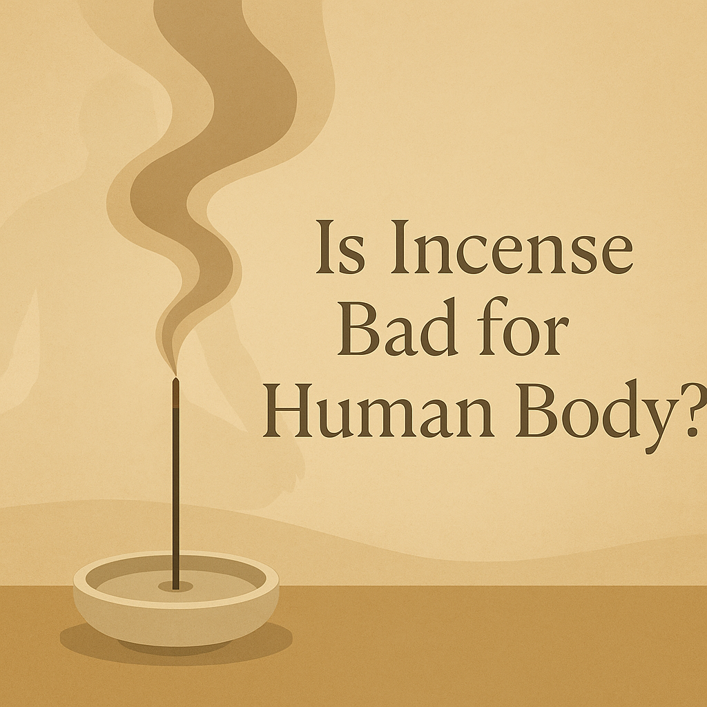 Minimalist Monian-style banner showing a ceramic incense holder with smoke rising, symbolizing the debate on whether incense affects human health.