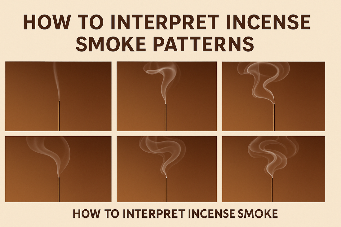 A collage of incense smoke patterns illustrating straight, spiral, wavy, split, and downward movements against a warm background.