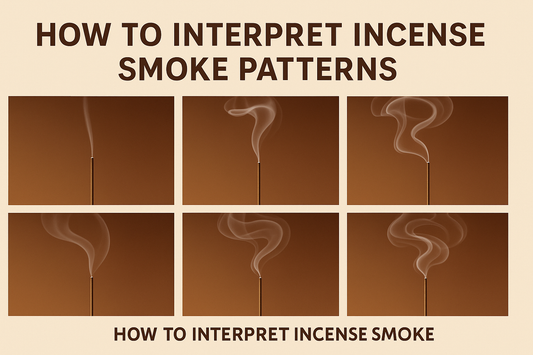 A collage of incense smoke patterns illustrating straight, spiral, wavy, split, and downward movements against a warm background.