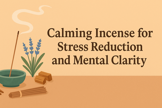 Banner illustration with a lit incense stick in a green ceramic holder beside lavender flowers, sandalwood, and incense bundles, with the title 'Calming Incense for Stress Reduction and Mental Clarity' on a warm beige background