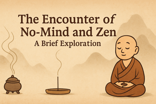Zen-style banner titled 'The Encounter of No-Mind and Zen: A Brief Exploration', featuring a meditating monk in brown robes, incense burner with smoke, and misty mountains on a warm parchment background, without Chinese calligraphy