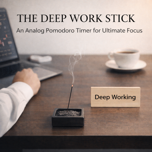 Deep work incense ritual on a minimalist desk, analog Pomodoro focus setup by Monian