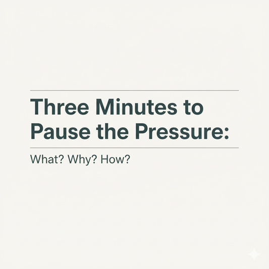 A minimalist text-only banner in the Google design style, featuring the centered title: "Three Minutes to Pause the Pressure: What? Why? How?" The color palette is calming earth tones 