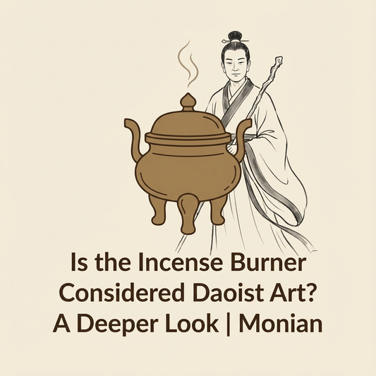 Minimalist blog banner for the Monian article, 'Is the Incense Burner Considered Daoist Art?', featuring a hand-drawn Daoist figure
