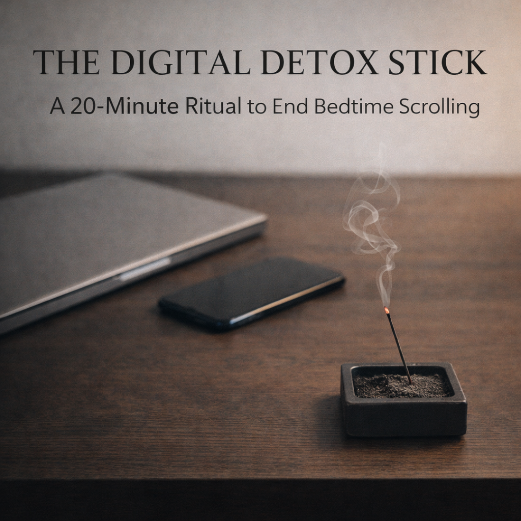 Minimalist desk with closed laptop, upside-down phone, and lit incense ritual for digital detox before sleep