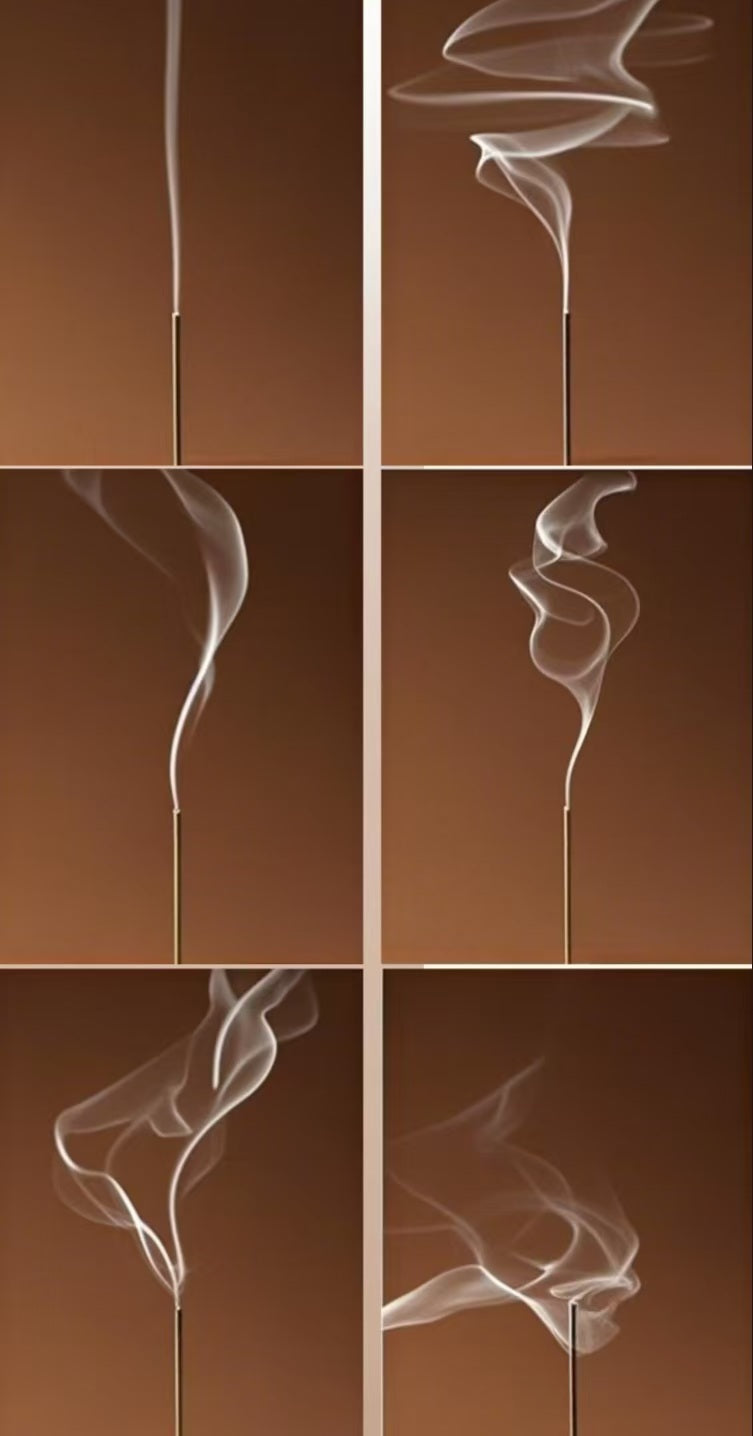 A six-panel collage showing different patterns of smoke rising from incense sticks against a warm brown background, illustrating the graceful, swirling, and flowing nature of incense smoke in various forms.