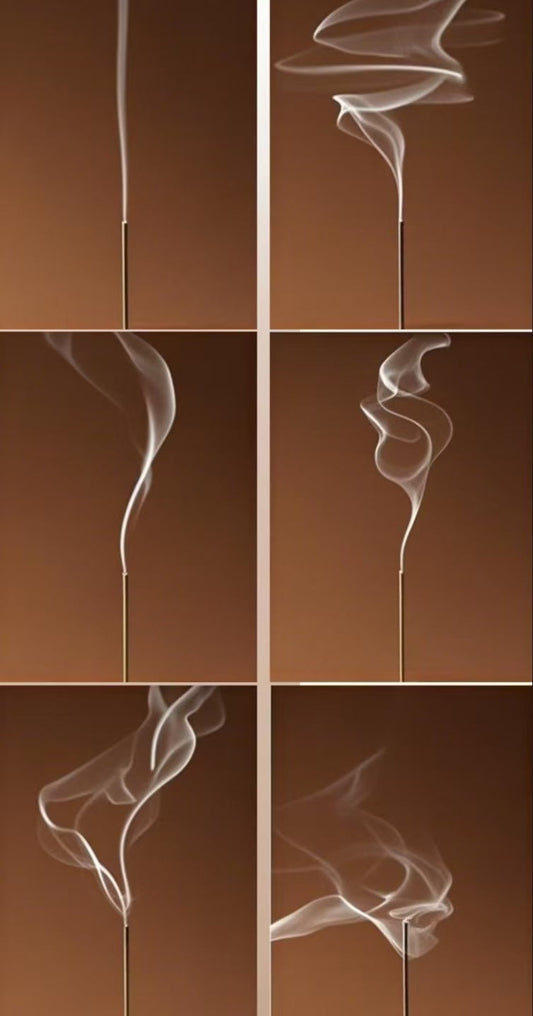 A six-panel collage showing different patterns of smoke rising from incense sticks against a warm brown background, illustrating the graceful, swirling, and flowing nature of incense smoke in various forms.