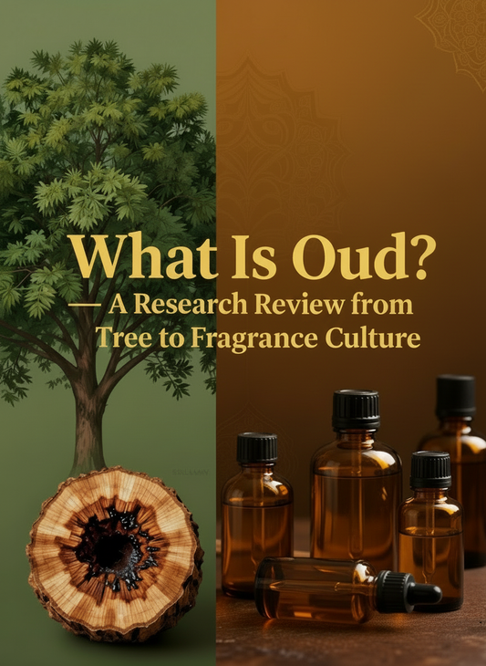 Agarwood tree and resin-darkened wood beside amber fragrance bottles