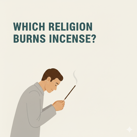 A minimalist banner with a man holding a burning incense stick and the title "WHICH RELIGION BURNS INCENSE?".