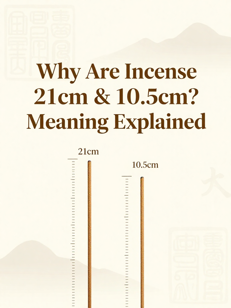 An infographic titled "Why Are Incense 21cm & 10.5cm? Meaning Explained" set against a calming beige background with subtle traditional mountain silhouettes and faded seal stamps. 