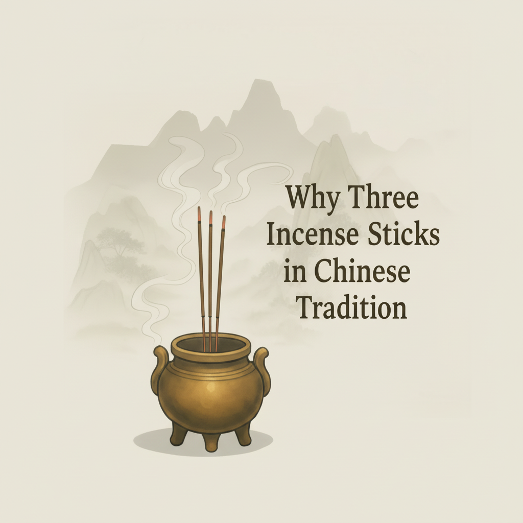 Anime-style banner of a round Chinese incense burner on a sandalwood table with three lit incense sticks, soft smoke rising, and faint Zen mountain-water scenery in the background, overlaid with the text "Why Chinese Burn Three Incense Sticks?".