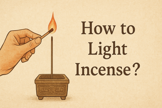 Hand-drawn Monian-style banner showing a single hand holding a lit match, with elegant calligraphic text on the right reading “How to Light Incense?” in a soft Zen aesthetic, optimized for SEO.