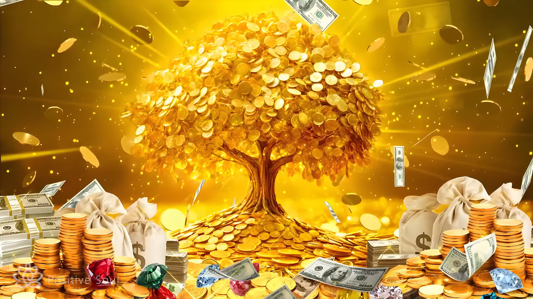 A radiant golden money tree surrounded by stacks of coins, dollar bills, gems, and money bags, symbolizing wealth, prosperity, and abundant energy in alignment with Monian’s Feng Shui and metaphysical themes.