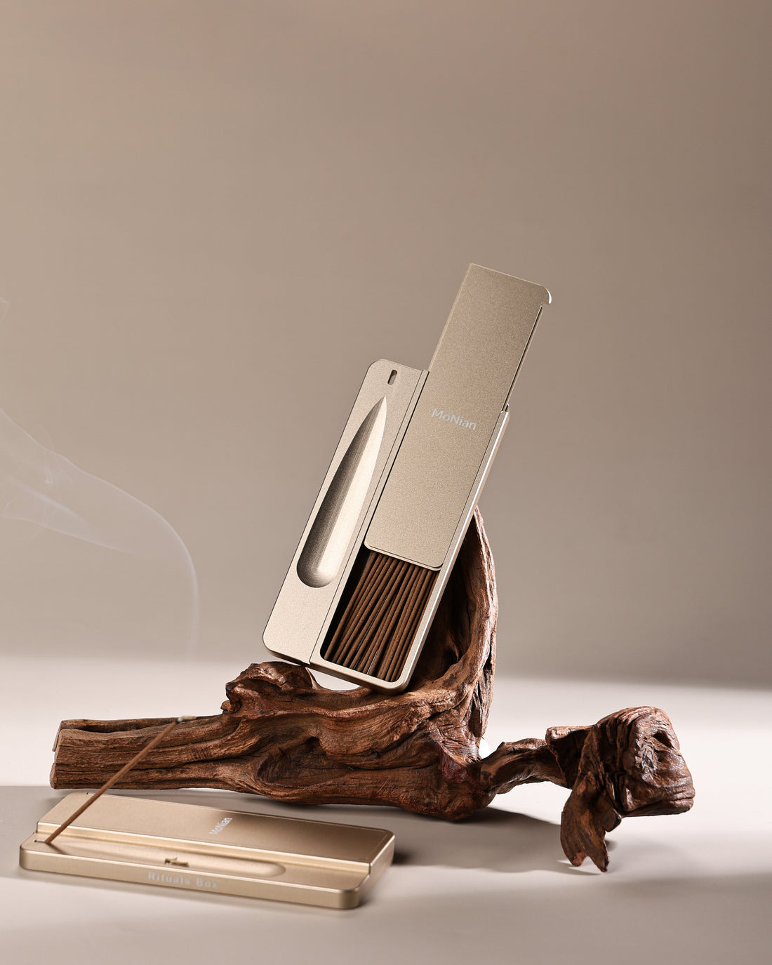 Monian Rituals Box open showing recessed incense groove and magnetic closure — aerospace aluminum build