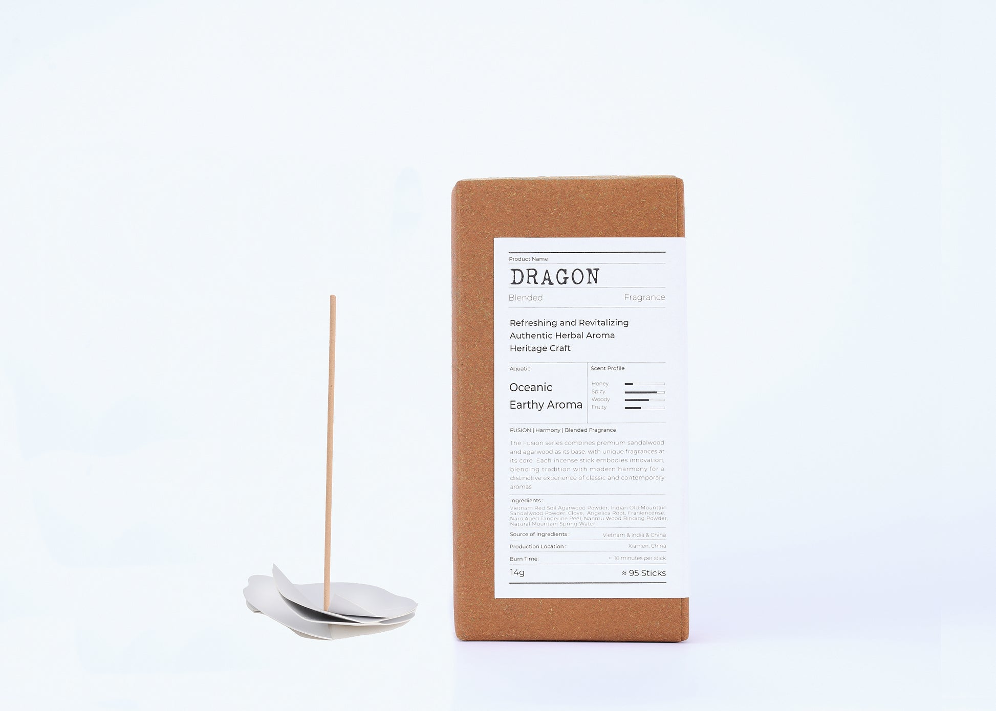 Incense stick with packaging labeled 'Dragon' on a white background
