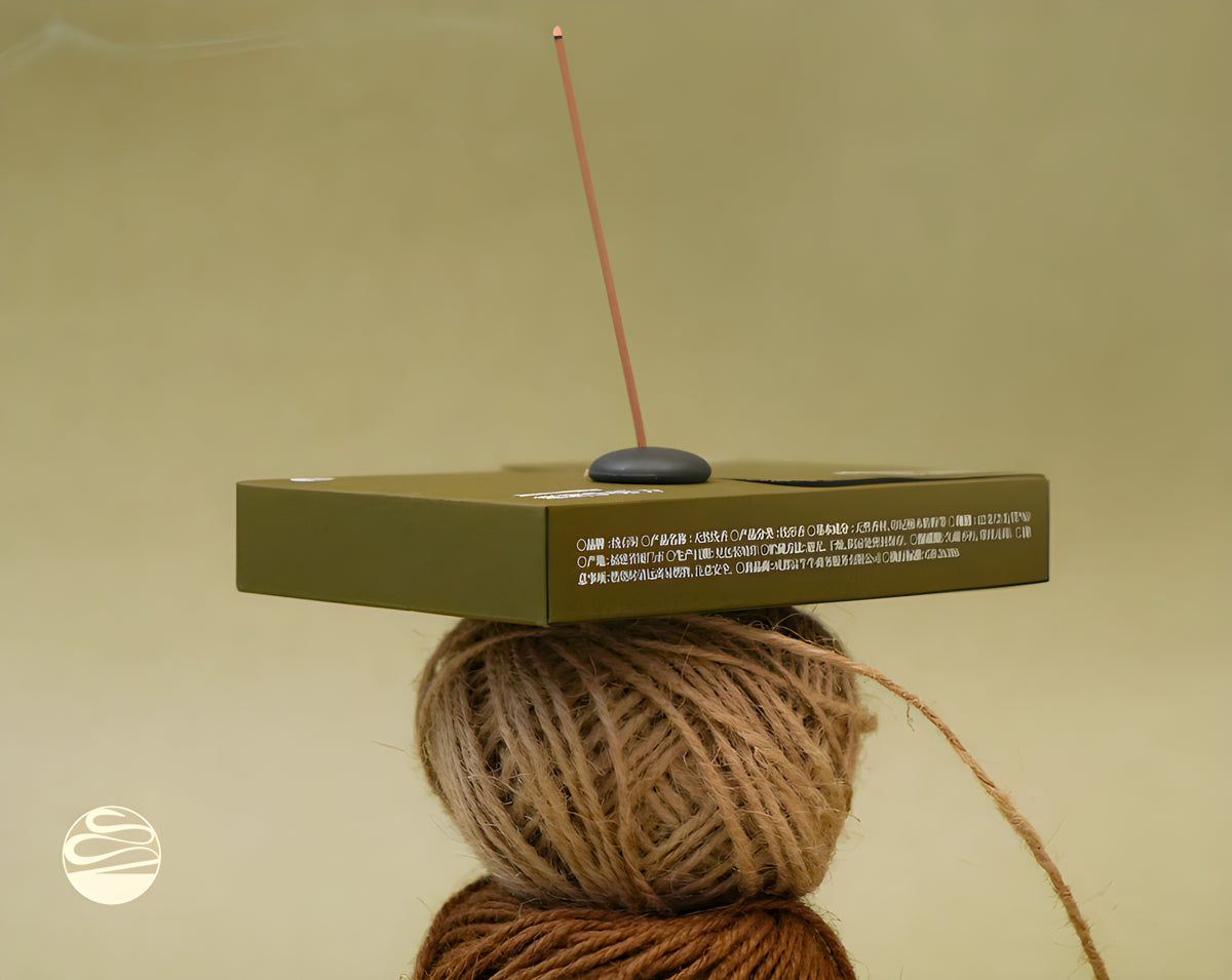 Incense sampler box resting on a ball of twine with a dark holder and upright incense stick.