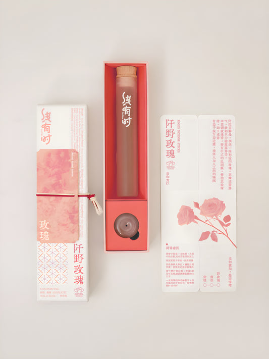 Open rose incense box displaying a slim storage tube, round holder and rose-illustrated insert.