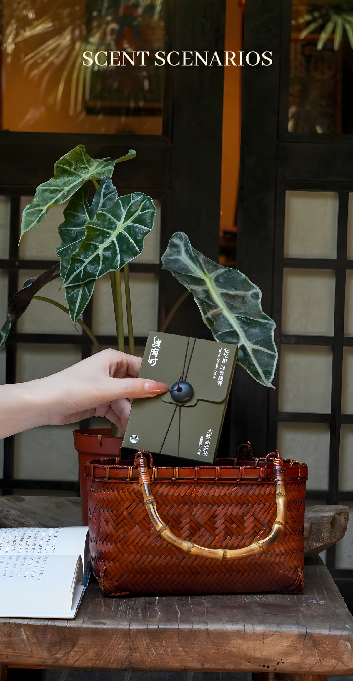 Hand holding an olive-green incense discovery box above a woven handbag beside a plant.