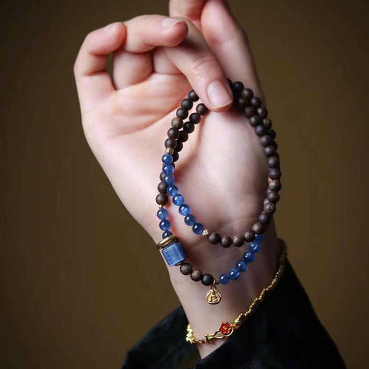 4mm Double-Wrap Blue Kyanite & Agarwood Bracelet – Handcrafted Aromatic Beads
