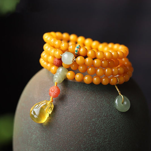 7mm Amber Multi-Layer Bracelet – Four-Circle Handmade Beads with Jade & Citrine Charms