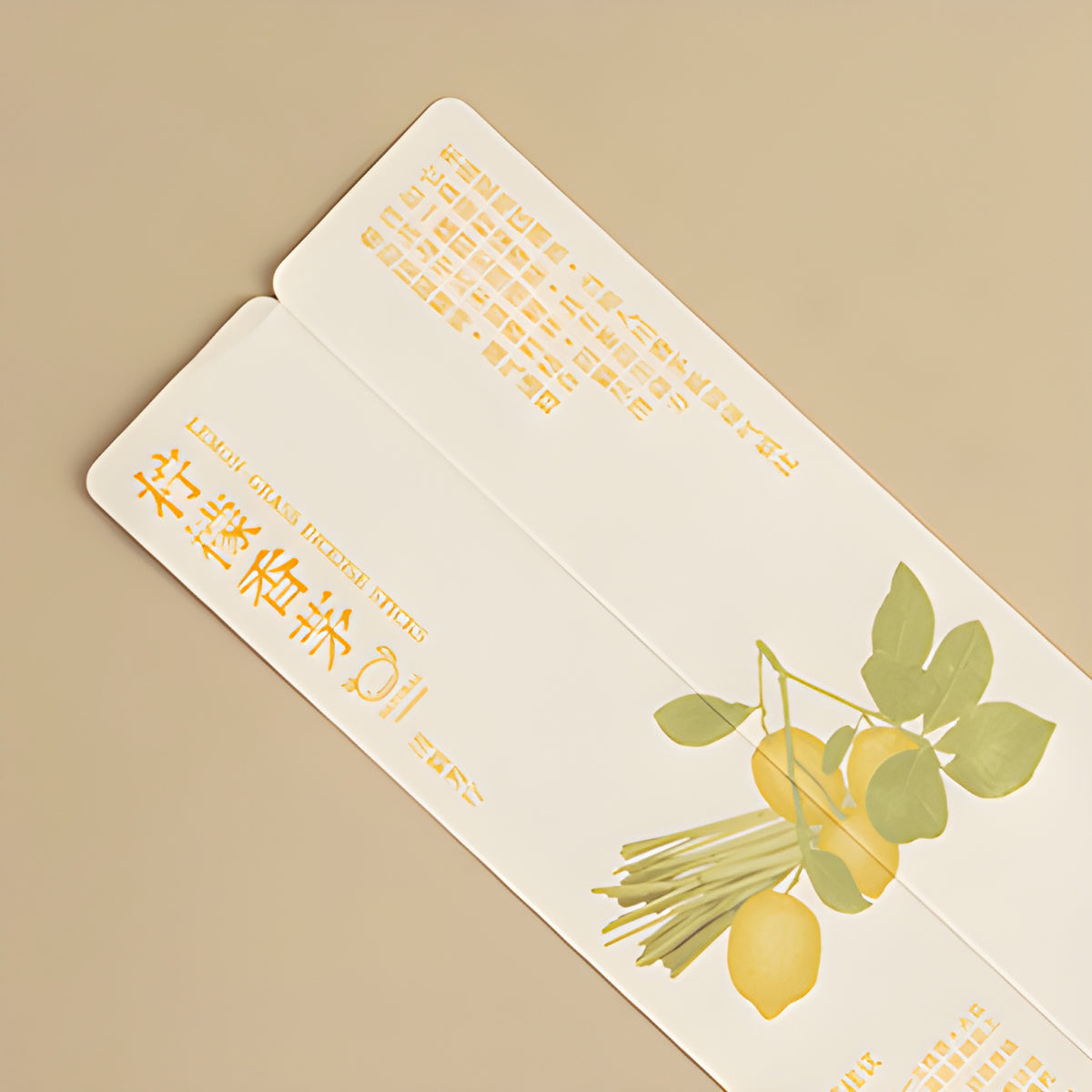 Lemon and green leaf illustration on the lemongrass incense packaging.