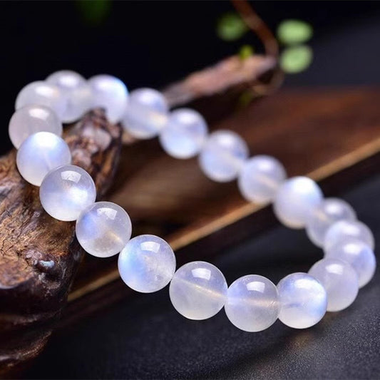 Natural White Crystal Bracelet – Polished Quartz with Blue Sheen | 7mm–10.5mm Beads