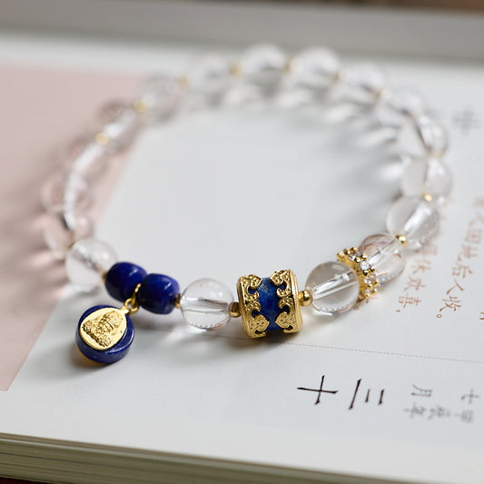 8mm White Crystal & Lapis Lazuli Bracelet – 925 Silver Gilded | Zakiram Design