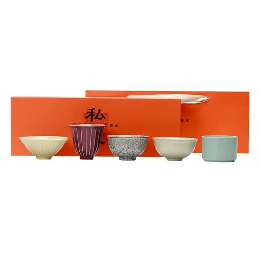 Five Kilns Porcelain Teacup Gift Set – Handcrafted Dehua Ceramic Tea Cups (5-Piece Collection)
