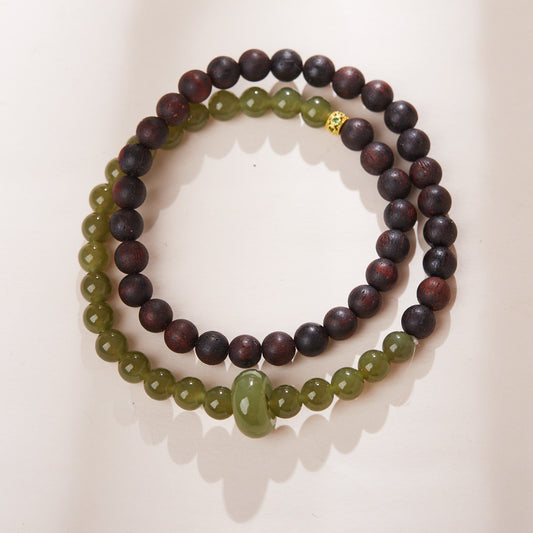 6mm Agarwood & Hetian Jade Double-Wrap Bracelet – Handcrafted Zen Jewelry