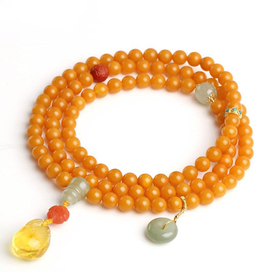 7mm Amber Multi-Layer Bracelet – Four-Circle Handmade Beads with Jade & Citrine Charms