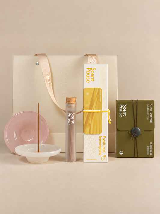 All-in-One Incense Gift Set — 6 × 2 Travel Sampler & Pink Glass Dish｜ScentPause