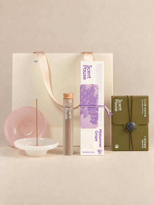 All-in-One Incense Gift Set — 6 × 2 Travel Sampler & Pink Glass Dish｜ScentPause